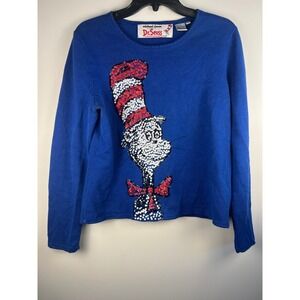 Vintage 2003 Michael Simon Dr Seuss Cat in the Hat Sequin Sweater Blue Sz M‎ Y2K